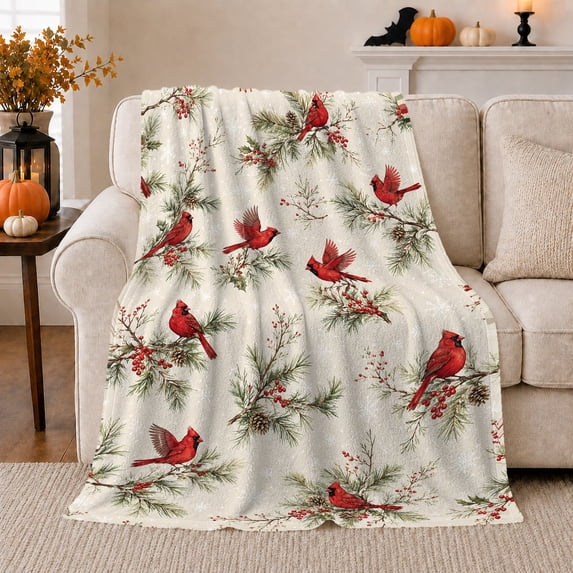 Winter Cardinals Snowy Pines Vibrant Red Birds Berry, Festive Holiday Scene, Warm Flannel Blanket for Cabin and Lodge, Art Lovers Housewarming Gift, Artistic Home Decor