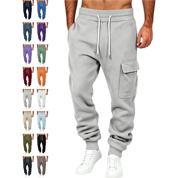Winter Cargo Sweatpants for Men Drawstring Waist Tapered Leg Multi Pocket Loose Fit Casual Everyday Outdoor Athletic Jogger Pants