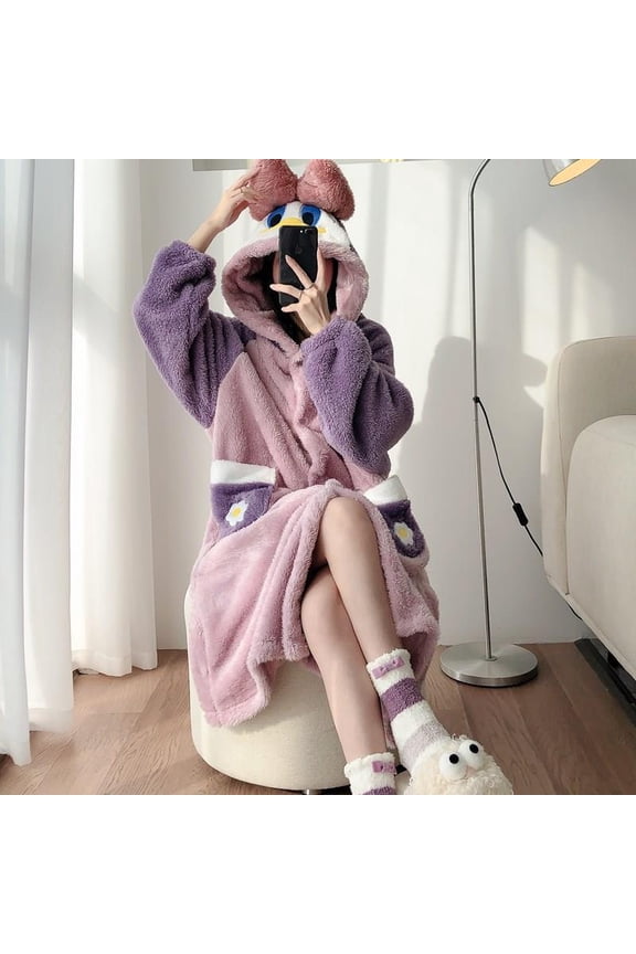 Winter Cartoon Duck Nightgown Robe for Women Cute Long and Plush Thick Nightgown Coral Velvet Pajamas Nightgown Plus Size