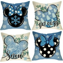 Winter Cartoon Mouse Decorative Throw Pillow Covers 18 x 18 Set of 4, Blue Snow Polka Dot Pine Tree Poinsettia Outdoor Home Decor, Get Cozy Christmas Holiday Couch Cushion Case