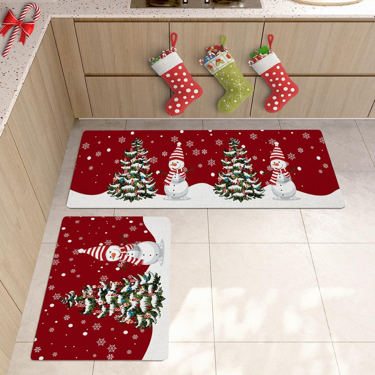 Winter Cartoon Snowman Kitchen Rugs and Mats Non Skid Washable Floor Doormat, Christmas Tree Colorful Balls 2 Piece Comfort Sink Standing Rug Area Runner Non-Slip Rubber Backing Mat Snowflakes on Red