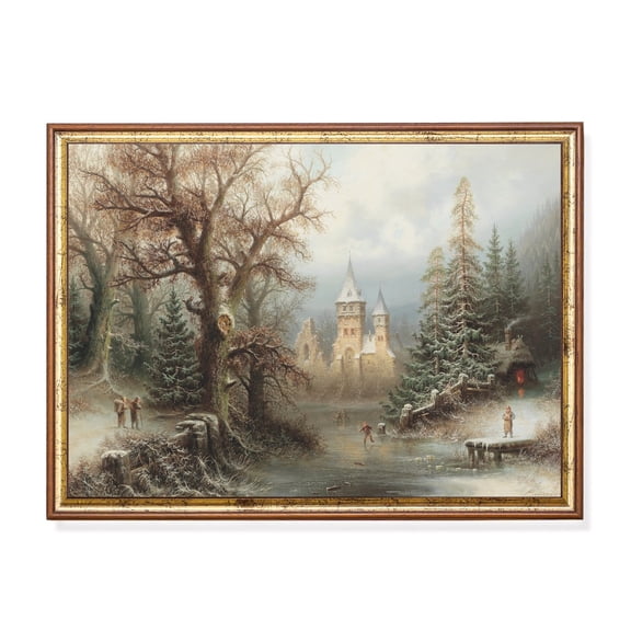 Winter Castle Landscape, Ice Skaters Scene Warm Present Vintage UNFRAMED Poster Size 24x36