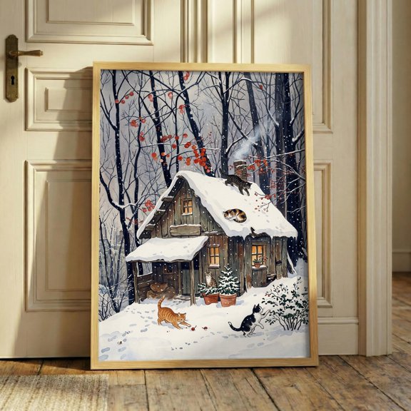 Winter Cat Art Print, Snowy Cabin Poster, Forest Canvas, Cozy Lodge Decor, Rustic Holiday Wall Art, Christmas Feline Decor , Poster Print Only