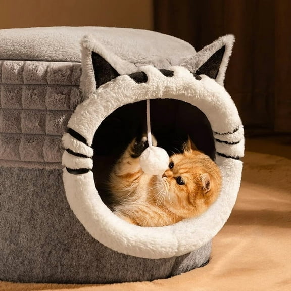 Winter Cat Bed Warm House with Removable Cushion Dual Door Design Cozy Sleeping Pod for Indoor Cats