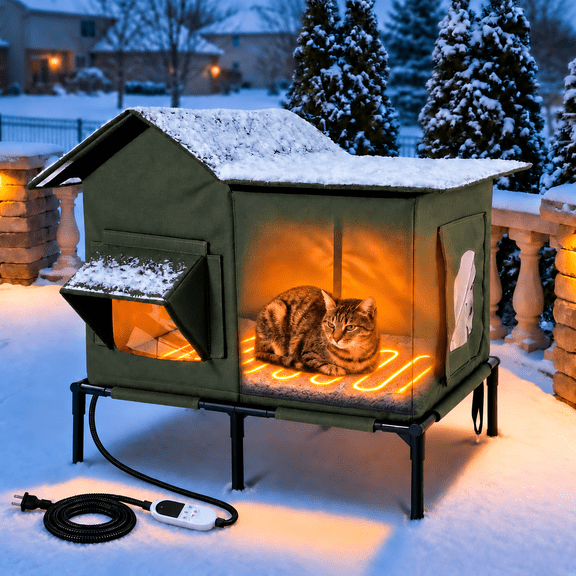 YUWENUS Large Heated Outdoor Cat House with Thermostatic Heating Pad, Weatherproof Insulated Cat Shelter with Escape Door, Green