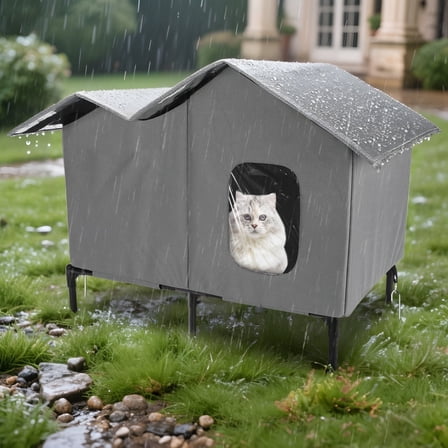 Outdoor Cat House for Winter Weatherproof Insulated Oxford Cloth & Elevated Large Outdoor Feral Cat House, Outside Cat House for Stray Barn Cats,Grey
