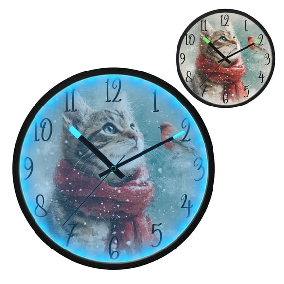 Winter Cat Luminous Wall Clock with Sound-Activated LED 12-Inch Silent Acrylic Timepiece for Bedroom Livingroom or Office