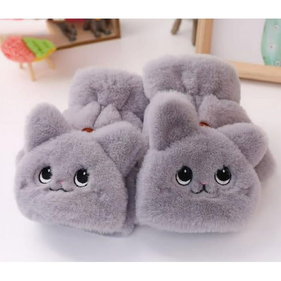 Winter Cat Rabbit Mittens Fingerless Gloves Thick Soft Plush Winter Warm Glove for Women Girls Half Finger Flip Gloves Mttten