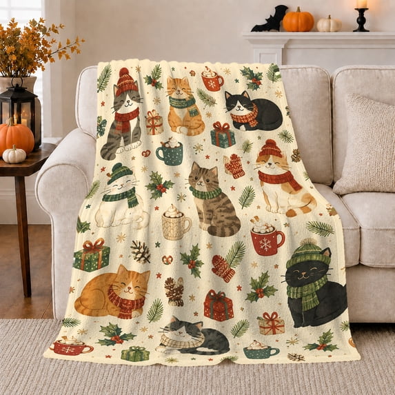 Winter Cats decorative motif Gifts Christmas, Festive Pet Portrait Pattern, Warm Flannel Blanket for Living Room and Reading Nook, Cat Lovers Friendship Gift, Pet Lover Home Decor