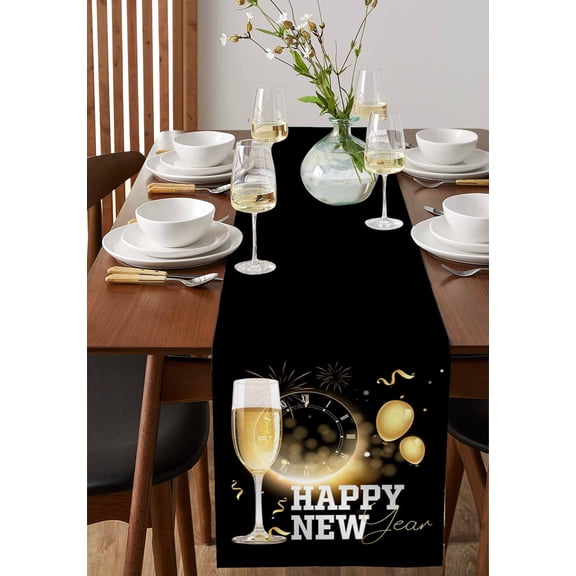 Winter Champagne Ribbons on Black Table Runner 13x36in Non-Slip Cotton Linen Table Runners, Happy New Year Text Dresser Scarves TableRunner for Dinner Kitchen Dining Wedding Party