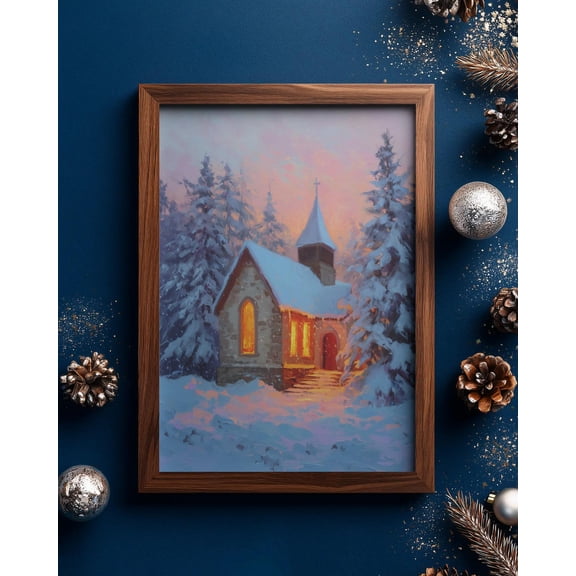 Winter Chapel Glow | Peaceful Snowy Church | Cozy Wall Art Print, Unframed Canvas Size 12x18