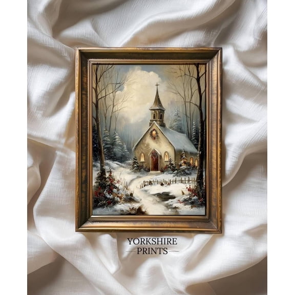 Winter Chapel, Snowy Church Winter Scene, Church Print Home Decor #3468, 24x36 UNFRAMED