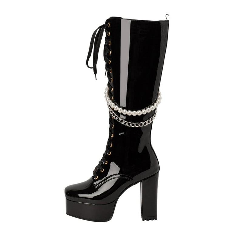 Winter Boots for Women,Solid Color Square Toe Thick High Heels Platform  Glossy Leather Boots Lace Up Pearl Chain Fashion Store High Boots,Knee High  