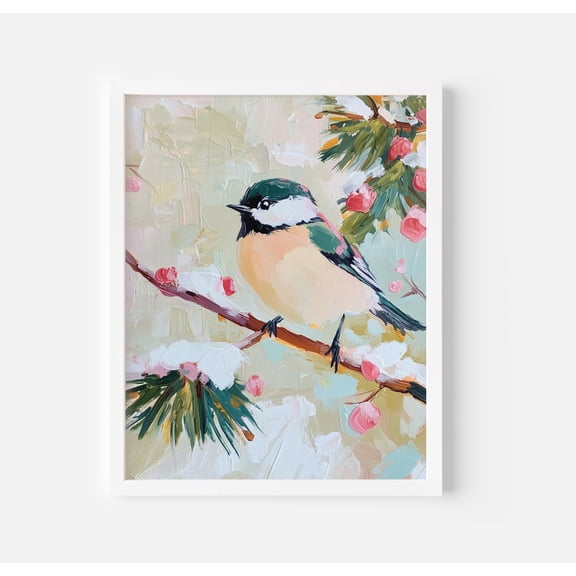 Winter Chickadee Art Poster Snowy Bird , Boho Girly Warm Present Vintage UNFRAMED Poster Size 24x36