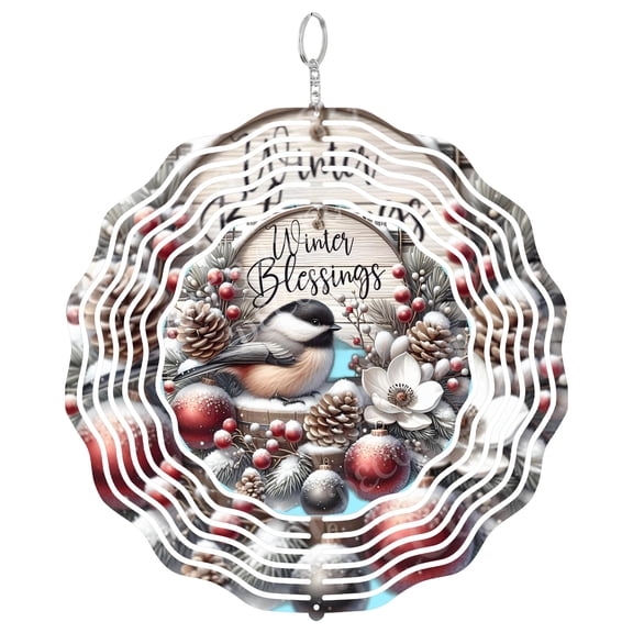 Winter Chickadee Bird 3D Wind Spinner, Snowy Season Holiday Decor, UV Printed Metal Outdoor Decor, Round