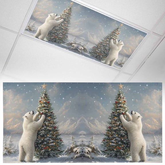 Winter Christmas 1 Piece Tree Polar Bear Snowy Scene Magnetic Fluorescent Light Covers, 2x4 Ft, Magnetic Light Covers for Ceiling Lights Classroom Office Home Decor