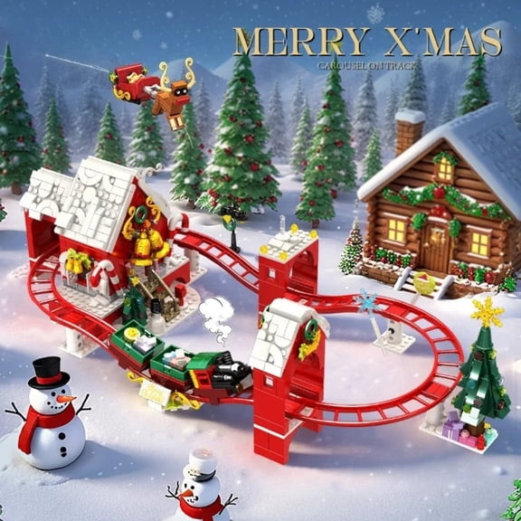 Winter Christmas Amusement Park Snowman Train Building Blocks Set Snow Roller Coaster Tree Festival Adult Toys Holiday Xmas Gifts