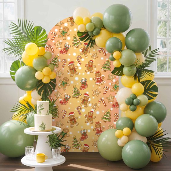 Winter Christmas Arch Backdrop Cover, 4FT, Country Xmas Tree Gingerbread Man Snowflake Candy Spandex Arch Covers Double-Sided Backdrop for Wedding Birthday Party Photo Background Decoration