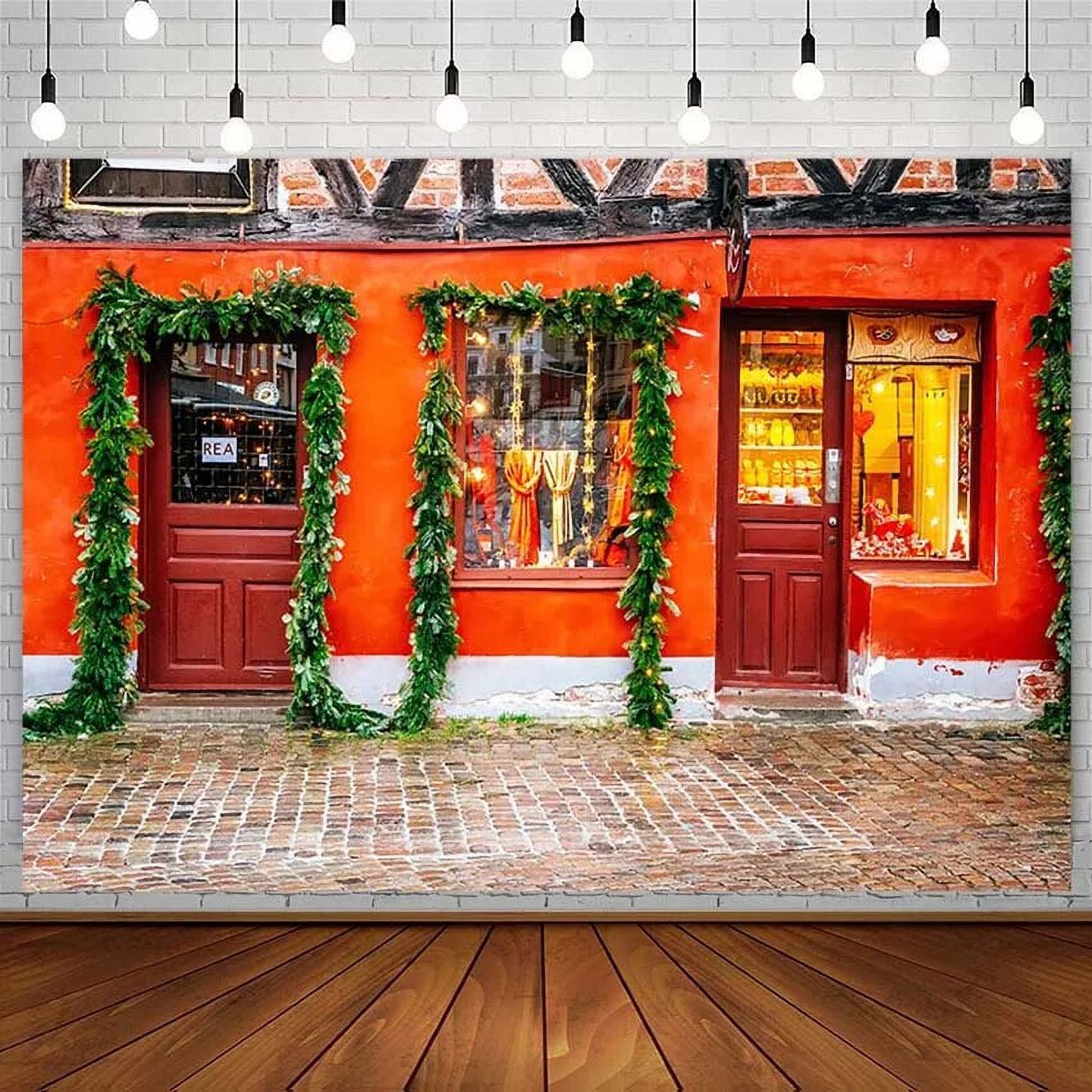 Winter Christmas Backdrop Gift Accessory Shop Window Red Door Brick