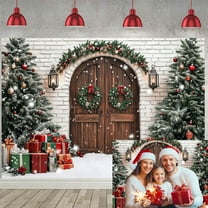 Winter Christmas Backdrop, Rustic Barn Door Xmas Party Decor Photo Backdrop, Xmas Tree Snow Present Ball New Year Holiday Family Supplies Party Decoration Photo Studio Props,7X5ft