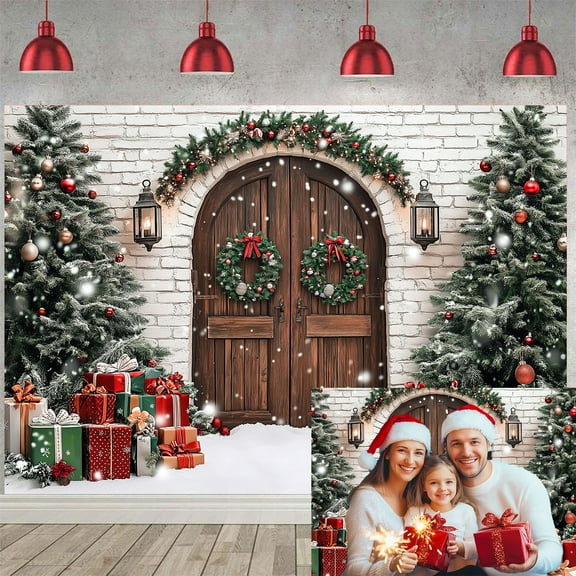 Winter Christmas Backdrop, Rustic Barn Door Xmas Party Decor Photo Backdrop, Xmas Tree Snow Present Ball New Year Holiday Family Supplies Party Decoration Photo Studio Props,7X5ft