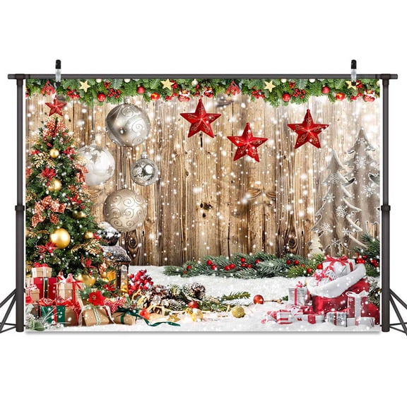 Winter Christmas Backdrop, Rustic Brown Wood Xmas Tree Snow Photography Background, New Year Family Party Holiday Photo Background Props,7X5ft