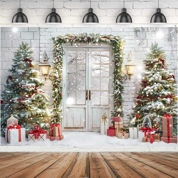 Winter Christmas Backdrop, Xmas Tree Door Snow Photography Backdrop, New Year Banner Party Decoration Studio Props for Photo Videos,5X3ft