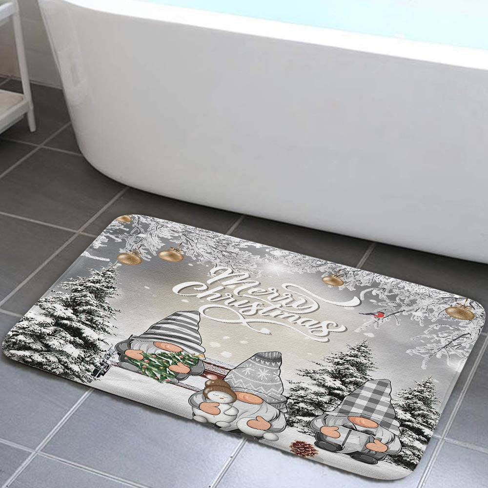 Winter Christmas Bath Mat, Funny Xmas Grey Gnome in Snowfield Snowflake Bath Rug for Bathroom, Pine Tree Covered With Snow Rustic Winter Holiday Bath Mat Soft Non Slip Bath Rugs, 16X24IN