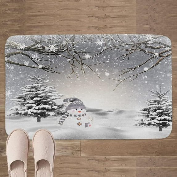 Winter Christmas Bath Mat for Bathroom, Cute Snowman Snowflake Scene Christmas Farmhouse Non-Slip Shower Rugs, Bathroom Accessories Mats, 17X29in