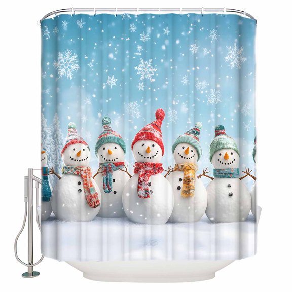 Winter Christmas Bathroom Shower Curtains with Hooks, Colored Snowman Snowflake Sky Blue Waterproof Fabric Washable Shower Curtain for Home Hotel Bathtub Decor 54x78 Inch