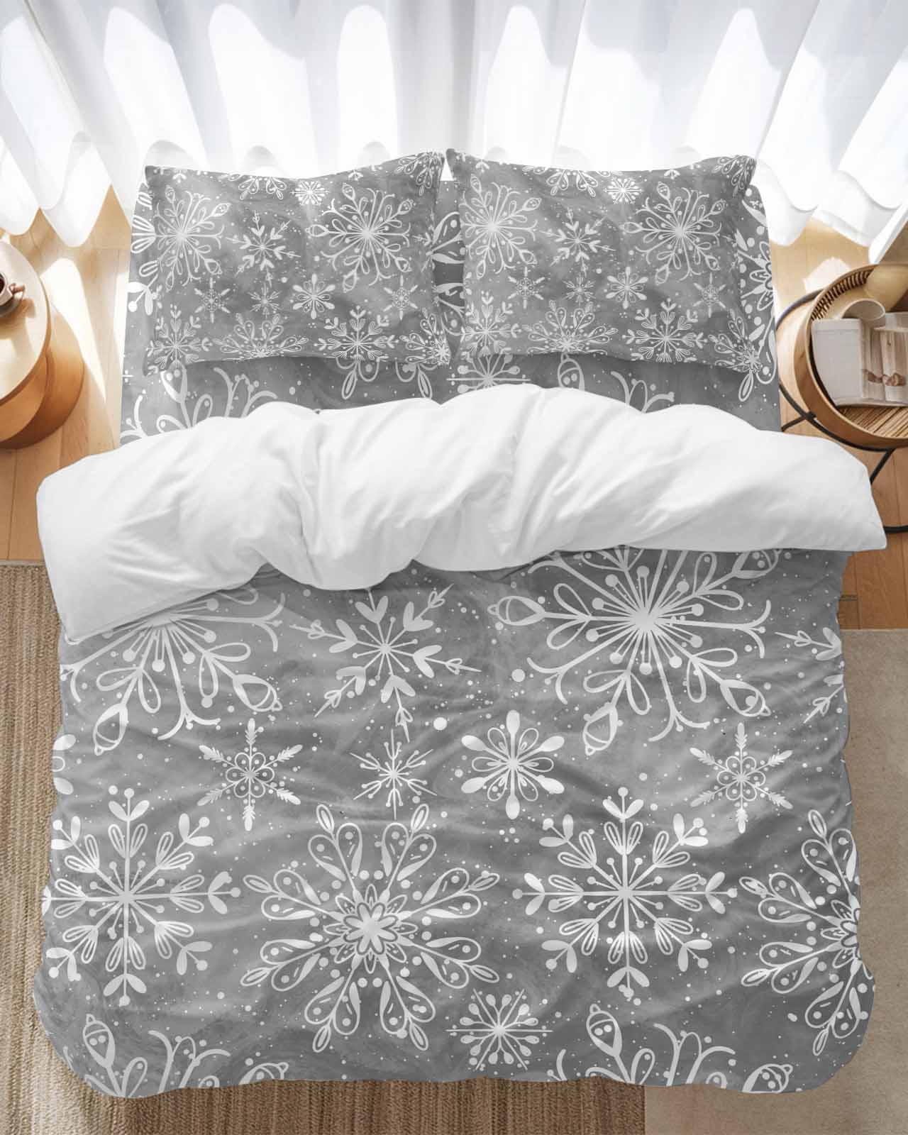 Winter Christmas Bedding Duvet Cover Set Twin Size 4 Pieces Watercolor White Snowflake Bedding Set with Zipper Closure, 1 Comforter Cover 68x86 Inches 1 Flat Sheet & 2 Pillow Cases