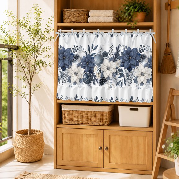 Winter Christmas Blooming Floral Oven Skirt Curtain for Kitchen-27"x20" Dishwasher Stove Cover with Ribbon Ties Top&Ruffled Trim Poinsettia Flower Leaf Berry Decorative Cabinet Oven Door Curtain