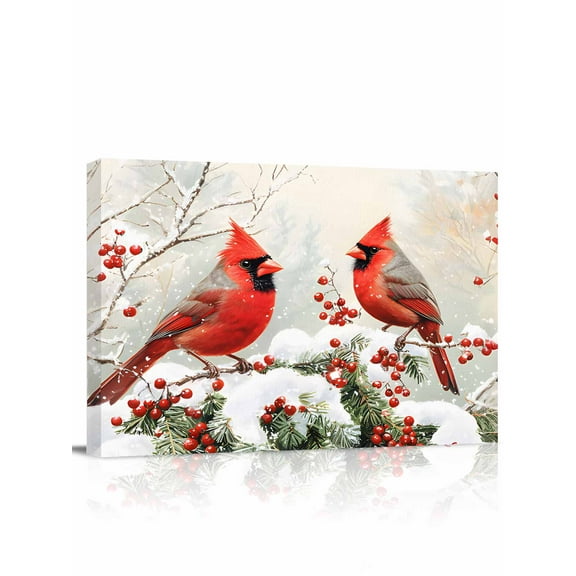 Winter Christmas Canvas Print Wall Art Framed Canvas Art Wall Decor Cardinal Bird Red Berry Pine Leaves Pictures Painting Morden Artwork for Living Room Bedroom, Ready to Hang - 12"x16"