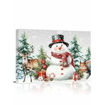 Winter Christmas Canvas Print Wall Art Framed Canvas Art Wall Decor Snowman Berries Squirrel Elk Tree Pictures Painting Morden Artwork for Living Room Bedroom, Ready to Hang - 12"x16"