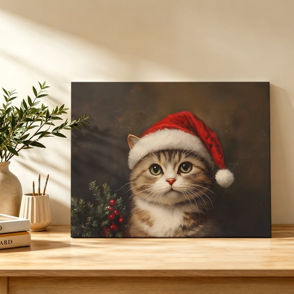 Winter Christmas Canvas Wall Art, Cute Cat Red Santa Hat Wall Art Prints Artwork Framed Canvas Ready to Hang Art Pictures for Bathroom Bedroom Entry Desk Corner 10" x 8"
