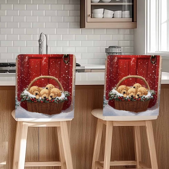 Winter Christmas Chair Covers Set of 6 Golden Retriever Basket Red Front Door Chair Back Covers Stretch Removable Washable Slipcovers Protector for Dining Room Kitchen Party Decor