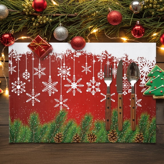 Winter Christmas Cotton Linen Placemats Set of 6, Snowflake Ball Ribbon ...