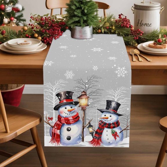 Winter Christmas Cotton Linen Table Runner Hat Snowman Elf Dining Table Runners for Home Decor Party Dining Room Restaurant Kitchen Party 13" x 48"