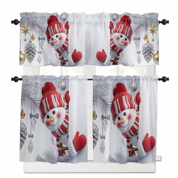 Winter Christmas Curtain Valances Set Snowman Squirrel Christmas Tree Berry Kitchen Curtains 24 inch Length Rod Pocket Valance and Tiers 3 Piece Set Small Bedroom Bathroom Laundry Decor