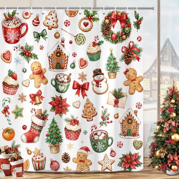 Winter Christmas Cute Gingerbread Snowman Bathroom Shower Curtain Xmas Tree Candy Cane Snowflake Holiday Bathroom Curtain for Kids Adults Sets with Hooks, Waterproof Polyester Easy Install 70X70IN