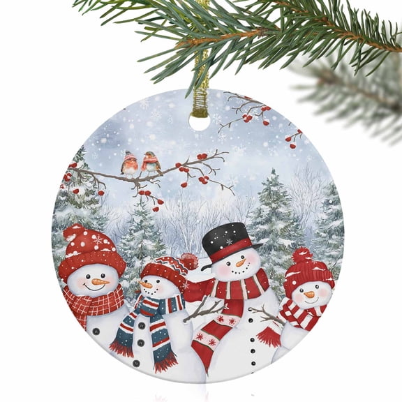 Winter Christmas Cute Snowman Bird Christmas Ceramic Ornament 2025,3" Round Xmas Tree Hanging Accessories with Gold Ribbon