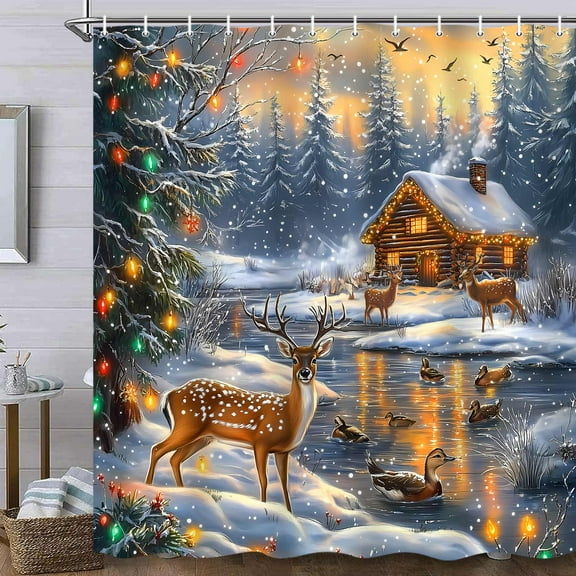 Winter Christmas Deer Shower Curtain, Farmhouse Cabin Hunting Xmas Snowflake Reindeer Nature Forest Snowy Mountain River Scenery New Year Bathroom Decor Curtain Polyester Fabric 70 x 70 Inches