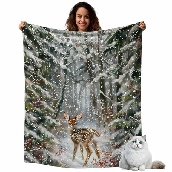 Winter Christmas Deer Snowy Forest Throw Blanket Flannel Fleece Throws, Xmas Animal Holly Branch Lightweight Super Soft Warm Blankets for Couch Sofa Bed All Season Use, 40x50 in