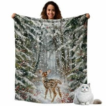 Winter Christmas Deer Snowy Forest Throw Blanket Flannel Fleece Throws, Xmas Animal Holly Branch Lightweight Super Soft Warm Blankets for Couch Sofa Bed All Season Use, 40x50 in