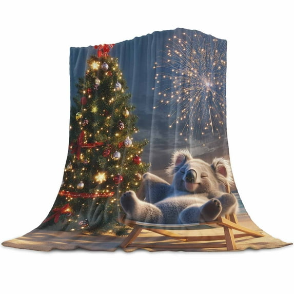 Winter Christmas Flannel Blanket for Bed,Travel and Camping, Night Koala Xmas Tree Beach Super Soft Cozy Blanket for All Seasons 50"x60"