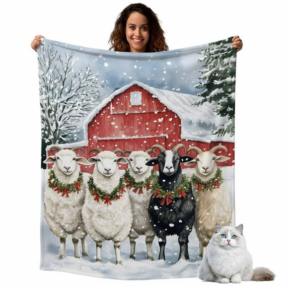 Winter Christmas Fleece Throw Blanket Lightweight Goat Red Farmhouse Snowy Fuzzy Flannel Throws Super Soft Cozy Flannel Blanket for Couch, Sofa, Bed, Travel 60"x80"