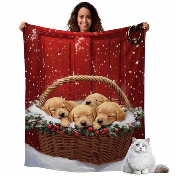 Winter Christmas Fleece Throw Blanket Lightweight Golden Retriever Basket Red Front Door Fuzzy Flannel Throws Super Soft Cozy Flannel Blanket for Couch, Sofa, Bed, Travel 40"x50"