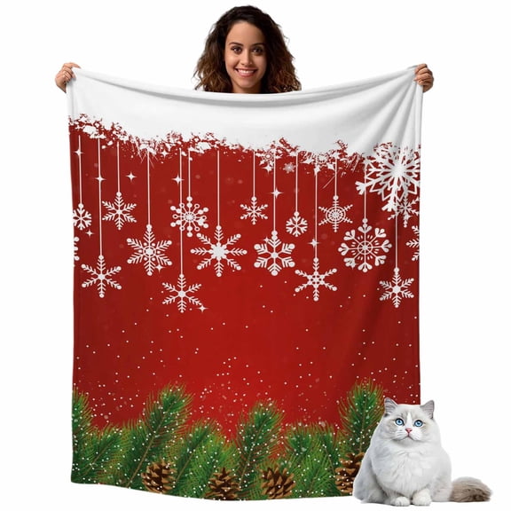 Winter Christmas Fleece Throw Blanket Lightweight Snowflake Ball Ribbon Pine Branch Fuzzy Flannel Throws Super Soft Cozy Flannel Blanket for Couch, Sofa, Bed, Travel 50"x80"