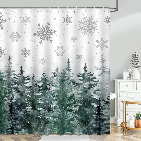 Winter Christmas Forest Shower Curtain Winter Forest Pine Spruce Trees Mist Fir Snowflake Bathroom Shower Curtain Waterproof Bathtub Curtain Decor with 12 Hooks 72 X 72 Inches