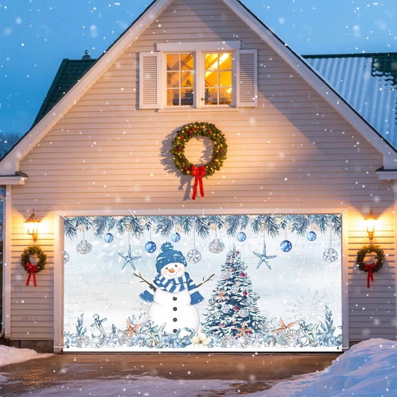 Winter Christmas Garage Door Banner Covers, Balls Blue Snowman Xmas Tree Shell Starfish Large Hanging Indoor/Outdoor Backdrop Background for Christmas Winter Party Decor, 6.9x16 FT